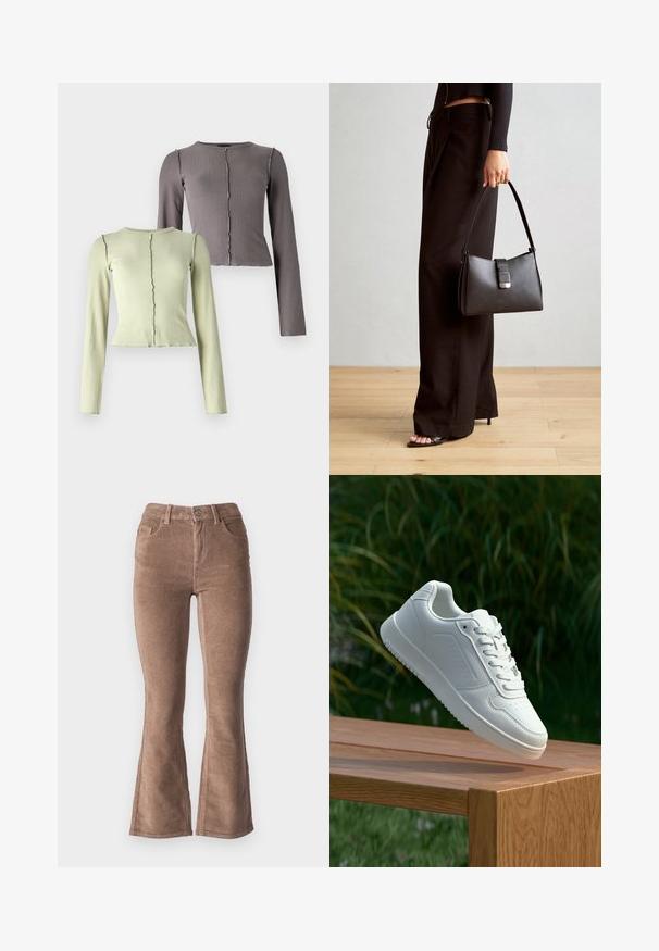 Sett med to langermede, ribbete topper i lys grønn og mørk grå. Hver har en rund halslinning og en subtil bølgete nederdelsdetalj.; Brune cordfløyels brettede bukser med ribbet tekstur, høy midje, fem lommer og frontlukking med knapp.; Hvite sneakers med en glatt syntetisk overdel, perforert tåboks, flate snørebånd og en teksturert såle, vist på en treflate.; Svart håndveske med strukturert form, jevn tekstur og metallisk lås. Kombinert med brede svarte bukser og sandaler med åpen tå på tregulv.