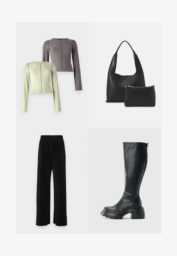 Set van twee langslavige, geribbelde tops in lichtgroen en donkergrijs. Beide hebben een ronde halslijn en een subtiele golvende zoomafwerking.; Zwarte geplooide broek met een elastische tailleband. Beschikt over wijde pijpen en een glad, gestructureerd stof met verticale strepen.; Hoge zwarte leren laars met een chunky plateauzool en blokhak, voorzien van een trekband en een gestructureerd profiel op de buitenzool.; Even&Odd Handtas - black