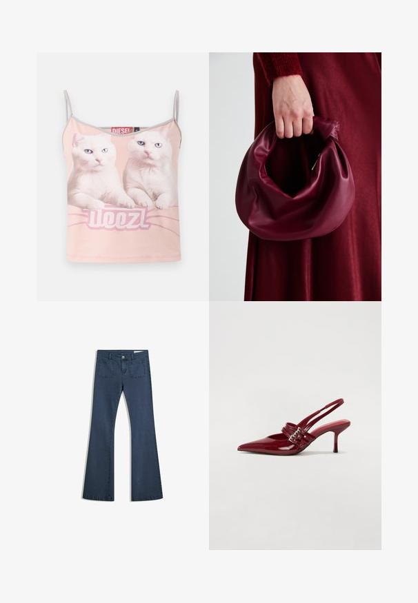 Rózsaszín pántos felső, elöl két fehér macskával, kék szemekkel, alattuk a "WOOZL" felirattal.; Sötétkék, bőszárú farmernadrág, varrott zsebekkel, gombos záródással és sima felülettel. Klasszikus ötpocket dizájnnal rendelkezik.; Piros lakkbőr slingback sarokcipő, hegyes orral, két csatoló pánttal és vékony, közepes magasságú stiletto sarokkal. Simább textúrájú.; Burgundi bőrtáska puhán ráncolt dizájnnal és kerek alakban. A fogantyú rögzítve van, sima textúrával rendelkezik.