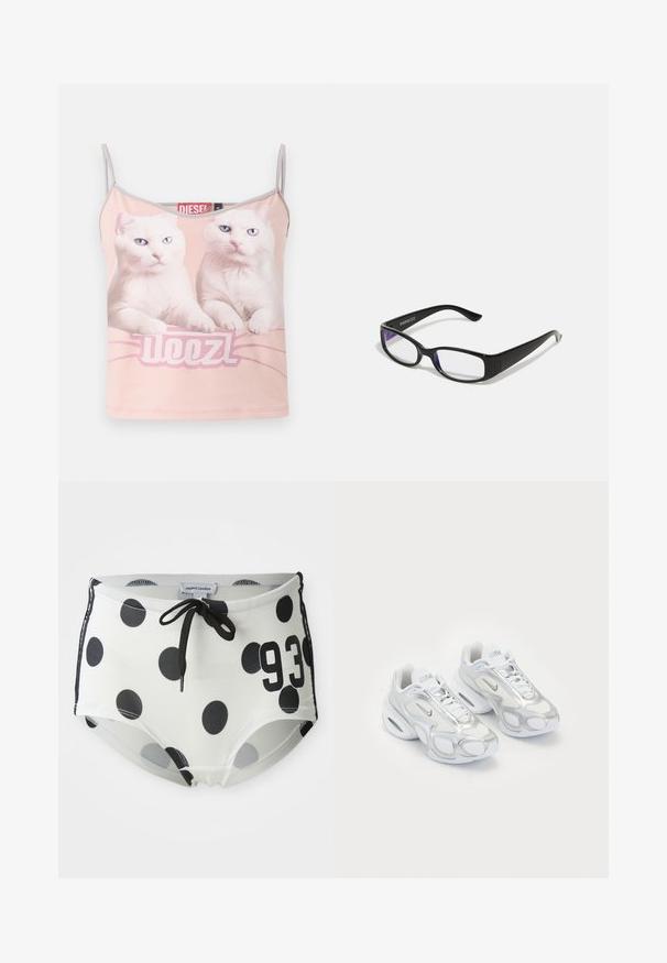 Pink spaghetti strap top with two white cats featuring blue eyes and the word "WOOZL" below them on the front.; Black and white polka dot swim shorts with a drawstring waistband, featuring the number "93" on the front and a smooth, stretchy fabric.; White athletic shoes featuring a mesh upper with silver accents, a unique shape, and air cushioning in the heel. Laced design with logo.; Black rectangular glasses with clear lenses. Glossy finish, narrow arms, and purple tint visible at the edges of the lenses.