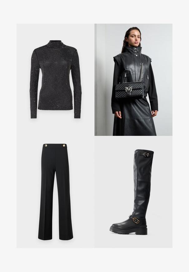 Črna dolga majica s turtleneck ovratnikom, ki se prilega telesu, okrašena z metalnimi žebljički razporejenimi v mrežastem vzorcu po tkanini.; Črne hlače s visokim pasom in širokimi nogavicami z sprednjimi šivi ter dvema zlatima gumboma na pasu, postavljene na belo ozadje.; Črne nadkolenske čevlje iz gladke usnjene, z debelim podplatom, z dodatkom sponke in prilegajočim se dizajnom.; Črni usnjeni brezrokavnik z visokim ovratnikom, zadrgami in črno kviltirano torbico z srebrnimi dodatki, oblečen z dolgo črno krilo.