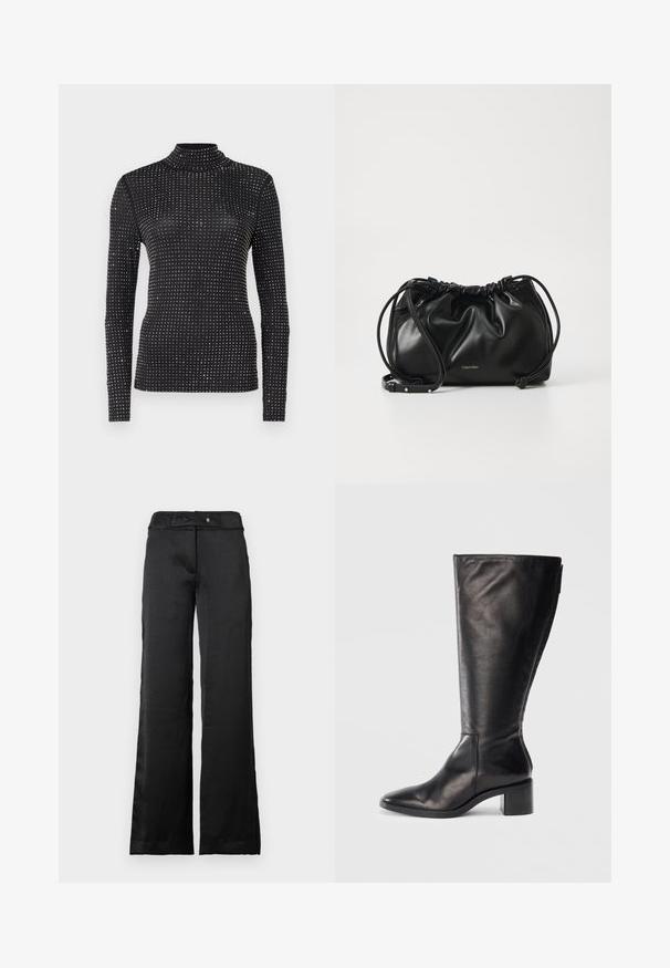 Svart langermet trøye med høy hals som har en tettsittende design med metalliske nagler ordnet i et rutenettmønster over stoffet.; Sorte vide benklær med en glatt tekstur, med strikk og knappelukking. Enkelt design, passende for ulike anledninger.; Sorte skinnknelengde støvel med firkantet tå, blokkhæl og slank design. Glatt tekstur med glidelås på siden for enkel bruk.; Svart lærveske med samlet design, dobbel snoråpning og avtagbar skulderrem. Har metallisk logodetalj.