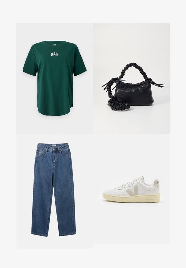 Tricou verde supradimensionat din bumbac, cu decolteu rotund și mâneci scurte. Logo-ul alb "GAP" brodat pe piept.; Jeans clasice din denim albastru, cu un design drept, cinci buzunare și închidere cu nasture. Prezentând o spălare medie și o textură rezistentă.; Pantofii sport din piele albă cu accente din suede bej, cutie pentru degete perforată, șireturi plate și o talpă texturată de crem. Prezintă branding subtil pe călcâi.; Geantă din faux leather neagră cu textură de crocodil, cu partea superioară strânsă și o curea mototolită. Pare moale și compactă ca design.