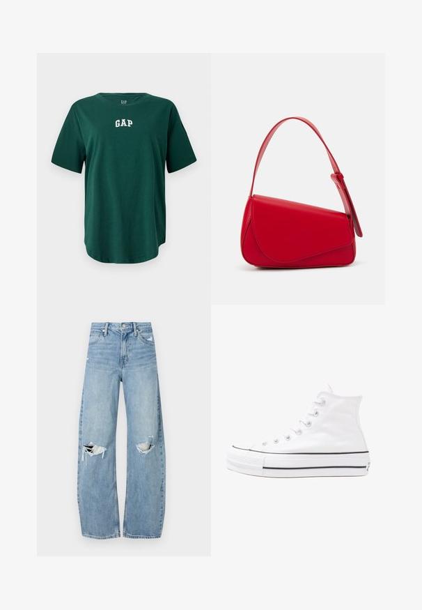 Green oversized t-shirt made of cotton, featuring a rounded neckline and short sleeves. White "GAP" logo embroidered on the chest.; Light blue, high-waisted jeans made of denim. Feature wide legs, two torn knee areas, and classic five-pocket styling.; White high-top canvas sneaker with black rubber sole, front rubber toe cap, and six eyelets for laces, featuring a clean, minimalist design.; Red leather handbag with an angular, geometric design. Features a single adjustable strap and a flap closure with stitched detailing.