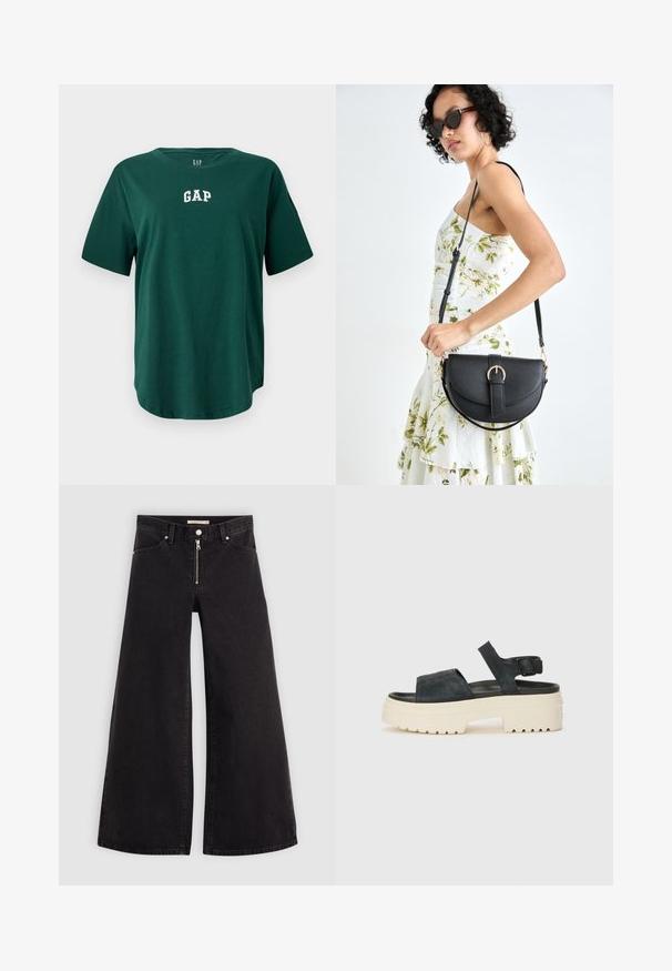 Grønn oversized t-skjorte laget av bomull, med rund halslinning og korte ermer. Hvitt "GAP"-logo brodert på brystet.; Vide benbukser i sort denim med glidelås i front, fem-lomme design og subtile sømdetaljer. Glatt tekstur og avslappet stil.; Sorte semsket platåsandaler med en kraftig hvit såle, bred fremre stropp og justerbar ankelspenne. Teksturert yttersåle for godt grep.; Svart lærveske med en buet form, avtagbar stropp og gullbeslag. Vesken har et klaff med spenne-detall.