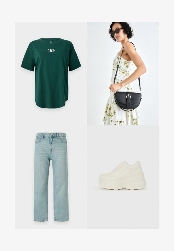 Tricou verde supradimensionat din bumbac, cu decolteu rotund și mâneci scurte. Logo-ul alb "GAP" brodat pe piept.; Jeans largi de culoare albastru deschis, fabricate din denim, prezentând un design clasic cu cinci buzunare, linii curate și o talie regulată cu închidere prin buton.; Adidași platformă albi, cu un superior neted asemănător cu pielea, formă rotunjită, guler căptușit și talpă din cauciuc texturată cu borduri bine definite.; Geantă din piele neagră, cu o formă curbată, curea detașabilă și accesorii aurii. Geanta are un capac cu un detaliu tip cataramă.