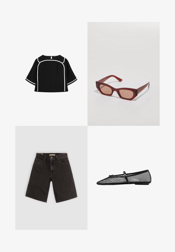 Blusa nera in lino con rifiniture bianche a contrasto, scollo rotondo e maniche corte e larghe. L'apertura a chiave sul retro aggiunge dettaglio.; Shorts in denim nero con taglio dritto, cinque tasche e accessori metallici, realizzati in un tessuto testurizzato e dotati di una vita standard.; Ballerina nera in rete con punta affusolata, cinghia decorativa e accento sottile. Presenta un design a rete aperta e suola piatta.; Occhiali da sole in acetato rosso con forma geometrica a farfalla, lenti color marrone e sottili dettagli in metallo vicino ai cardini.