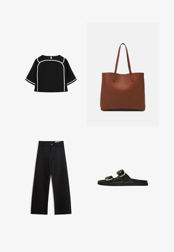 Blusa nera in lino con rifiniture bianche a contrasto, scollo rotondo e maniche corte e larghe. L'apertura a chiave sul retro aggiunge dettaglio.; Pantaloni in denim neri a gamba larga con vita alta, dotati di tasche anteriori e posteriori, cuciture a punto, e chiusura con bottone. Texture liscia.; Infradito neri con due accenti di fibbia dorata, materiale dalla texture liscia, suola piatta e design minimalista.; Borsa tote in pelle marrone con texture liscia, design con apertura superiore e due spallacci. Presenta cuciture minime e nessun hardware visibile.