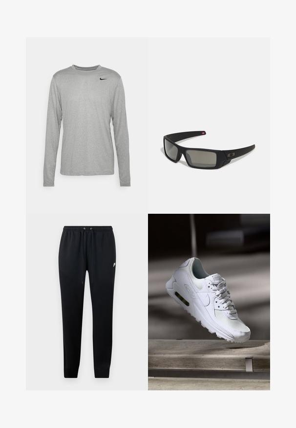 Sivá dlhá mikina s dlhým rukávom vyrobená z hladkej tkaniny, s okrúhlym výstrihom a malým čiernym logom Nike v hornej ľavej časti.; Čierne teplákové nohavice z mäkkej tkaniny, s elastickým pásom na šnúrky, s manžetami na členkoch a malým logom na boku.; Biele tenisky Nike Air Max 90 s vrchnou časťou z kože a sieťoviny, perforovanou špičkou a viditeľnou vzduchovou jednotkou v päte.; Čierne slnečné okuliare s matným povrchom, obdĺžnikové šošovky, mierna krivka na straničkách, nenápadný detail loga a šošovky so zafírovaným tónovaním.
