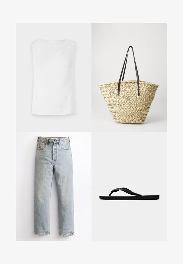 White sleeveless top with a straight cut, soft texture, and rounded neckline. Hem is slightly curved, providing a relaxed fit.; Light blue denim jeans with a straight leg design, featuring distressed hem, copper rivets, and a classic five-pocket style.; Black rubber flip-flop sandal with a textured thong strap and simple flat sole, shown from side on a plain light background.; Woven straw tote bag with a wide, tapered shape, featuring two black leather handles. Natural beige color with a textured surface.