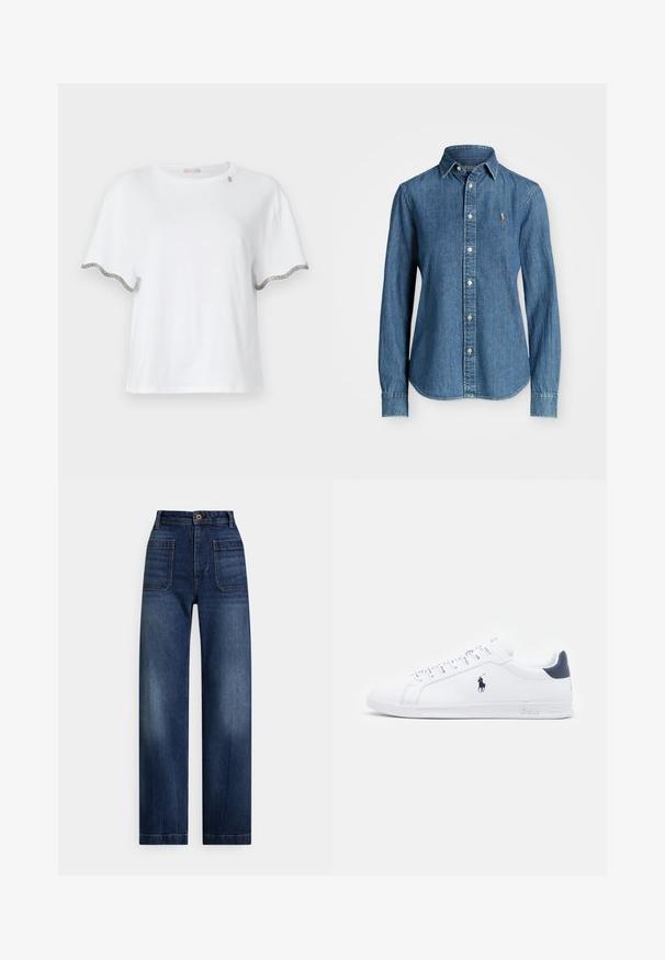 Baltā īsām piedurknēm T-kreklā, kas izgatavots no kokvilnas, ir viļņota mala ar sudraba akcentiem uz piedurknēm un neliels dizaina elements ap kaklu.; Denim krekls vidēji zils, ar garām piedurknēm, pogu aizdari un logo akcentu uz krūtīm. Iespējo izliekts apakšmalas un standarta piegriezumu.; Augsta vidukļa, tumši zilas taisnas piegriezuma džinsa bikses ar priekšējām ielāpu kabatām, jostas cilpām un pogas aizdari.; Baltas ādas sporta apavi ar gludu virsmu, jūras zila akcenti un neliels zīmols sānos. Aprīkoti ar plakaniem aukliņām un strukturētu gumijas zoli.