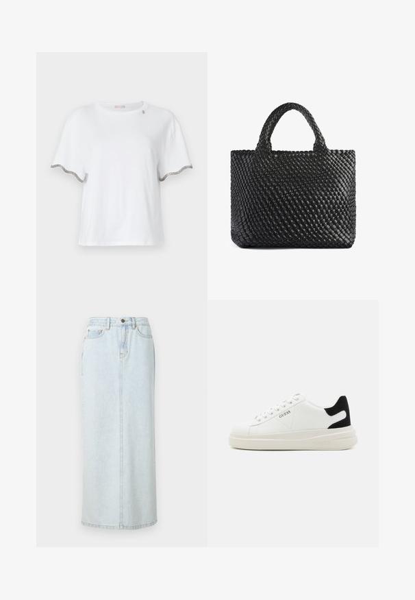 Bílý krátký rukáv tričko vyrobené z bavlny, s vlnitými okraji a stříbrnými akcenty na rukávech a jemným designovým prvkem poblíž výstřihu.; Světle modrá džínová maxi sukně s rovnou siluetou, předním zapínáním na knoflíky a viditelným prošíváním. Obsahuje dvě přední kapsy.; Bílé kožené tenisky s tlustou bílou podrážkou, černým semišovým akcentem na patě a vyraženým logem na boku. Šněrovací design se šesti očka.; Černá tkaná taška přes rameno s dvěma držadly, která má texturovaný povrch a obdélníkový tvar. Jednoduchý, jedinečný design bez viditelného kovového příslušenství.