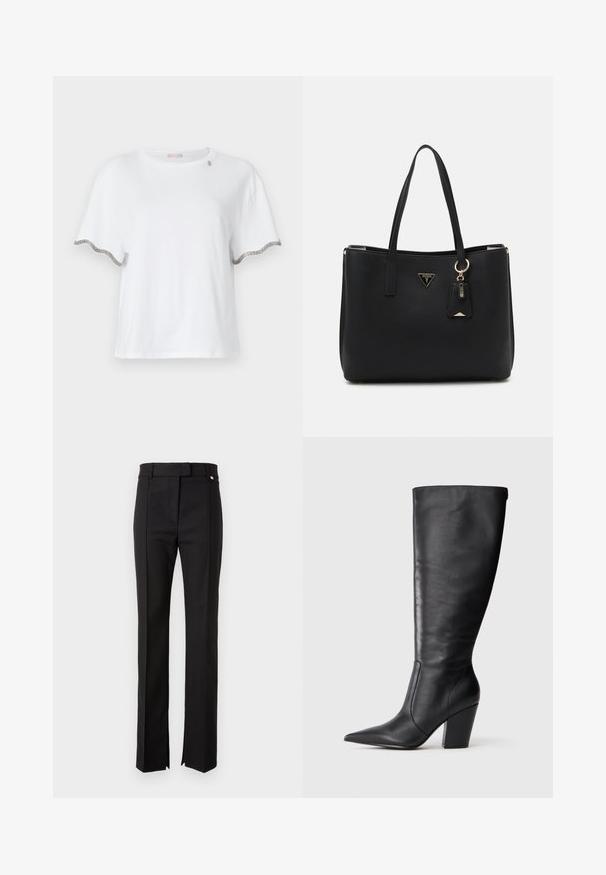 Hvit T-skjorte med korte ermer laget av bomull, med bølgende kanter med sølvdetaljer på ermene og et subtilt designelement nær halslinjen.; Svarte skreddersydde bukser med rett ben-design, som har en midje med knappeåpning og sidesplitter i bunnen.; Svart knelange lærstøvlett med spiss tå og kraftig høy hæl, vist i venstre profil på hvit bakgrunn.; Svart totebag laget av teksturert syntetisk materiale, med to håndtak, et gullfarget logo-plakett og et lite tag med en aksentdetalj.