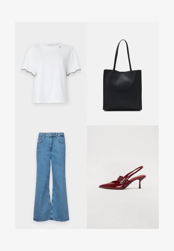 Baltas trumpas rankovėmis marškinėliai, pagaminti iš medvilnės, su banguotais kraštais ir sidabriniais akcentais ant rankovių, bei subtiliu dizaino elementu šalia apykaklės.; Šviesiai mėlynos flared džinsai, pagaminti iš džinsinio audinio, su aukštu liemeniu, penkiomis kišenėmis ir vienu mygtuko užsegimu. Minkštas paviršius su išblukusiu efektu.; Raudoni blizgūs odiniai bateliai su atviru kulnu, smailiu nosiu, dviem užsegimais ir plonu, vidutinio aukščio stiletto kulnu. Lygus paviršius.; Juodas odinis tote krepšys su lygia tekstūra, stačiakampio formos ir dviem ilgais rankenomis. Matomų metalinių detalių ar puošybos nėra.