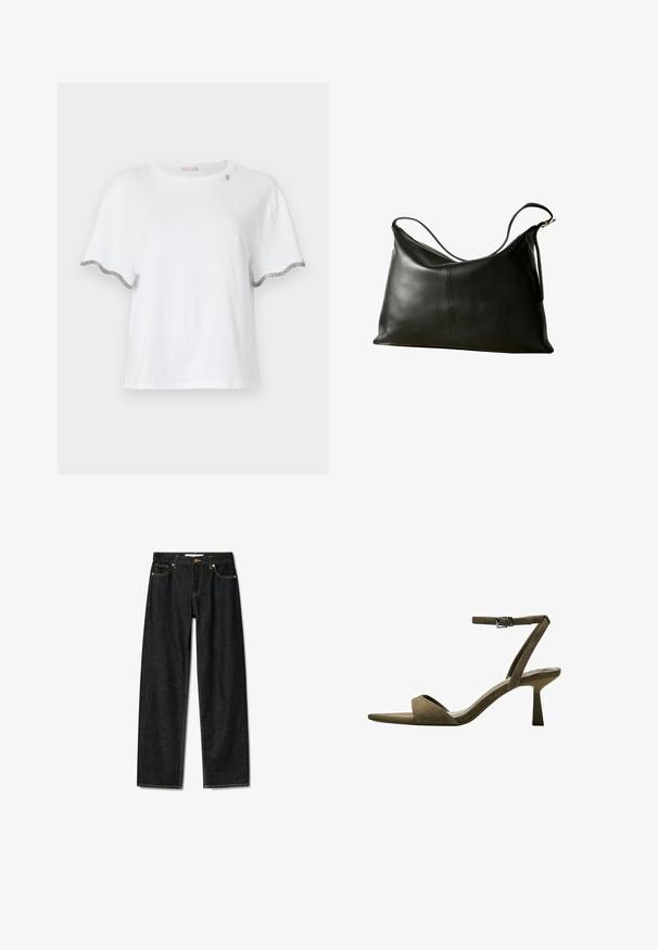 White short-sleeve T-shirt made of cotton, featuring scalloped edges with silver accents at the sleeves and a subtle design element near the neckline.; Dark denim jeans with a straight-cut design, brass button closure, and contrasting yellow stitching. Features five pockets and a classic fit.; Bershka WITH ANKLE STRAP - Sandals - mottled green; Next REGULAR FIT - Handbag - black