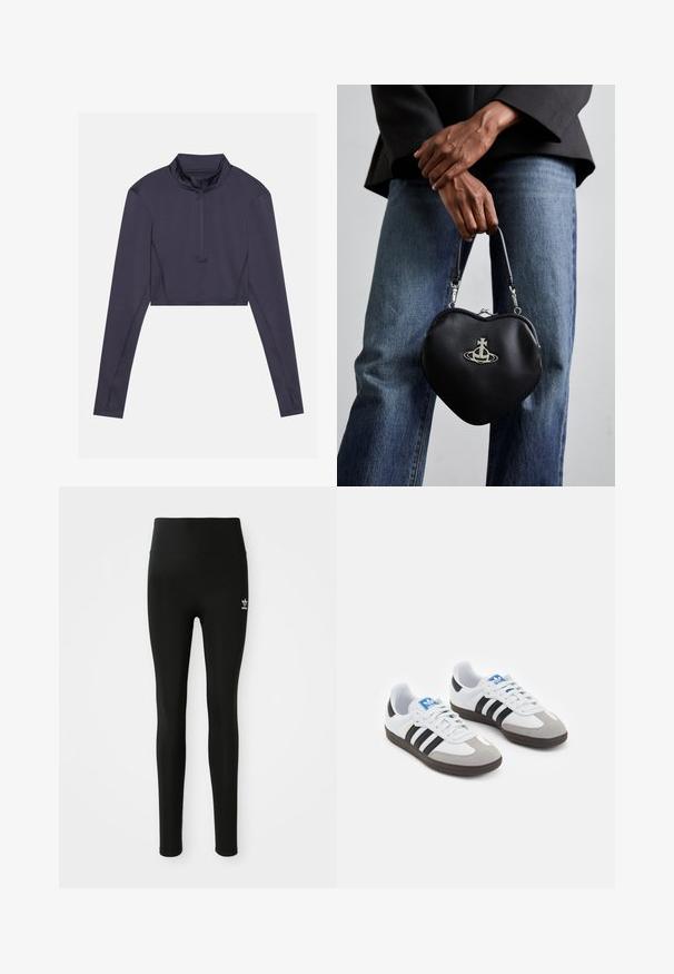 Avkortet langermet topp i mørk marineblått stoff. Har høy krage og en halv glidelås foran. Jevn tekstur med minimal søm.; Svarte tights laget av elastisk materiale med høy midje, med en liten hvit Adidas-logo på venstre ben. Glatt tekstur.; Sportssko med en hvit skinnoverdel, grå semsket tå og tre svarte striper. Har en blå logo på tungen og en teksturert gummisåle.; Vivienne Westwood BELLE HEART FRAME PURSE - Skulderveske - black