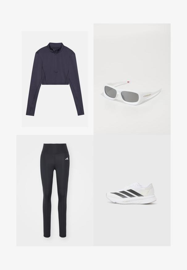 Gekürztes Langarmoberteil aus dunkelblauem Stoff. Verfügt über einen hohen Kragen und einen halben Reißverschluss an der Vorderseite. Glatte Textur mit minimalen Nähten.; Schwarze Sportleggins aus dehnbarem Material mit hohem Bund und einem weißen Markenlogo auf der linken Hüfte.; Weißer Sportschuh mit schwarzen diagonalen Streifen, Mesh-Obermaterial, abgerundetem Zehenbereich und strukturiertem Profil. Akzente sind ein silberner Heel und ein minimalistisches Design.; Weiße rechteckige Oakley-Sonnenbrille mit dunklen Gläsern, die auf einer weißen Oberfläche liegt, das Logo ist an der Seite sichtbar.