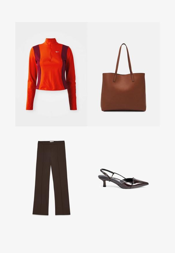 Roter und lila Langarm-Oberteil mit einem Viertelreißverschluss, das ein Nike-Logo auf der Brust trägt und eine figurbetonte Passform mit einer glatten Textur aufweist.; Braune, weit geschnittene Hosen aus glattem Stoff; mit Vorderfalten und einem regulären Bund. Minimalistisches Design ohne sichtbare Verschlüsse.; Braune Lacklederslingback-Pumpe mit spitzem Zehenbereich, kleinem Blockabsatz, Kreuzriemendesign und dekorativem Schleifendetail auf der Vorderseite.; Braune Leder-Tote mit glatter Textur, offenem Oberteil und zwei Schulterriemen. Verfügt über minimale Nähte und keine sichtbaren Beschläge.