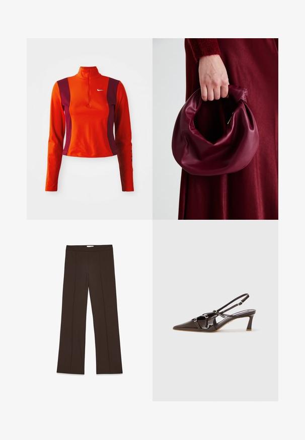 Punane ja lilla pika varrukaga särk, millel on veerandi pikkuses tõmblukk, Nike logo rinnal ning keha lähedane disain sileda tekstuuriga.; Pruunid laiad püksid siledast kangast; sisaldavad ees olevat voldikut ja tavalist vööd. Minimalistlik disain, ilma nähtavate kinnitusteta.; Pruunist lakknahast sandaal-kontsad, millel on terav ninakujuline varvas, reguleeritavad rihmad ja dekoratiivsed kinnitused ees. Kontsa kõrgus 7,5 cm.; Burgundia värvi nahk käekott, millel on pehme, kokku tõmmatav disain ja ümar kuju. Käepide on kindlalt kinnitatud, näidates siledaid pindu.