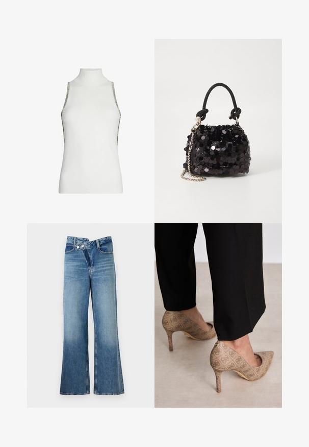 Top bianco senza maniche con collo alto, caratterizzato da accentuazioni in catena metallica ai lati. Tessuto liscio con una silhouette aderente.; Jeans a zampa d'elefante in denim blu chiaro con vita alta, dotati di due bottoni e tasche frontali. Il tessuto ha una texture sbiadita con variazioni sottili.; Scarpe con tacco alto beige in tessuto testurizzato con un motivo ripetuto. Design con punta appuntita e dettaglio dorato sul tacco.; Mini borsa a tracolla nera in paillettes con una tracolla texturizzata annodata e catena argentata. Forma rotonda con parte superiore arricciata e dettagli riflettenti.