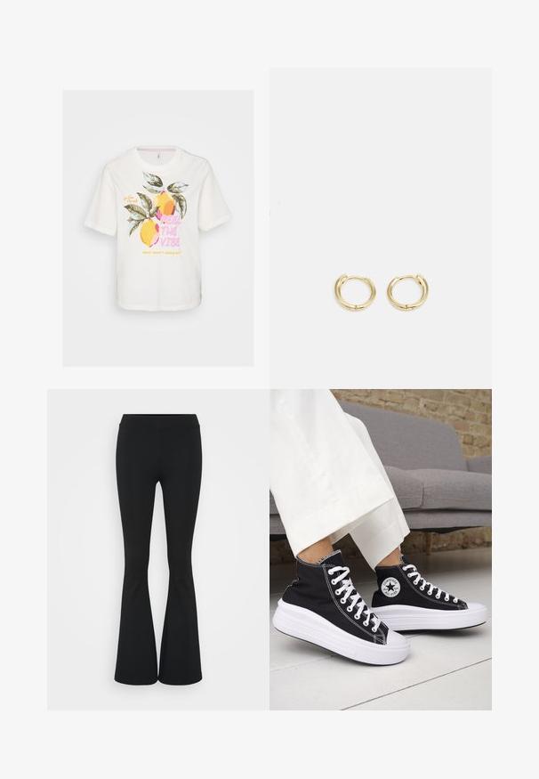 White cotton t-shirt with short sleeves featuring a graphic print of lemons and leaves, with text "FEEL THE VIBE" in pink and yellow.; Black flared pants made of stretchy fabric, featuring a high waistband and a smooth texture. The pants flare out from the knee.; Black high-top sneakers with white rubber soles and laces. Features a round logo patch and contrasting white stitching. Canvas material.; Gold hoop earrings with a smooth, rounded design. Features a small hinge closure, lightweight appearance, and a polished finish.
