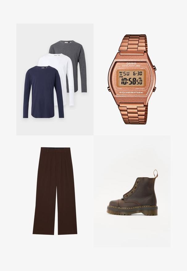 Three long-sleeve t-shirts in navy, white, and grey. Made of cotton, featuring round necklines and straight hems.; Brown wide-leg trousers with pleats. Made of a smooth fabric, featuring a tailored waistband and side pockets. Flat hem at the bottom.; Brown leather ankle boot with a round toe, contrasting yellow stitching, decorative metal eyelets, and a grooved rubber sole.; Digital Casio watch with a rose gold metal band, rectangular case, illuminated display, and water resistance, showing time and date.