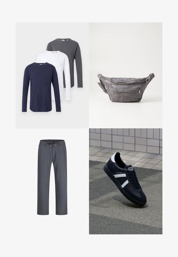 Three long-sleeve t-shirts in navy, white, and grey. Made of cotton, featuring round necklines and straight hems.; Gray, elastic waistband pants with a drawstring. Straight leg design, made from smooth fabric, feature minimal stitching and no visible hardware.; Black leather sneaker with white stripes, textured rubber sole, and lace-up front. Features a branded label on the tongue.; Gray suede fanny pack with a rounded shape, two zippered compartments, and adjustable strap. Features metal hardware accents.