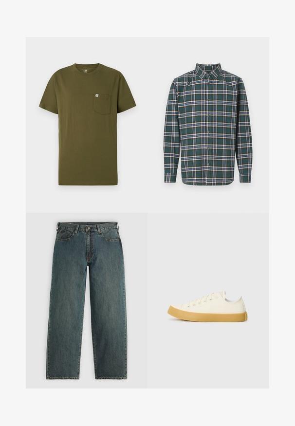 Olīvzaļas kokvilnas T-krekls ar apaļu kakla izgriezumu, īsām piedurknēm un kreisajā krūtī esošu kabatu ar nelielu zīmola etiķeti. Gluda tekstūra.; Zaļš flaneļa krekls ar ietērpu, kurā ir zila, balta un sinepju dzeltena krāsa. Ar pogām aizdaram un uzgaļotām apkaklēm. Garas piedurknes.; Tumši zili taisni džinsi ar pogu un rāvējslēdzēju, priekšējām kabatām un jostu cilpām uz gaiši pelēka fona.; Kanvasas tenisa apavi ofē un balta krāsā ar apaļu purngali, ar beicu gumijas zole un piecām acīm šņorēšanai, teksturēta virsma augšdaļā.