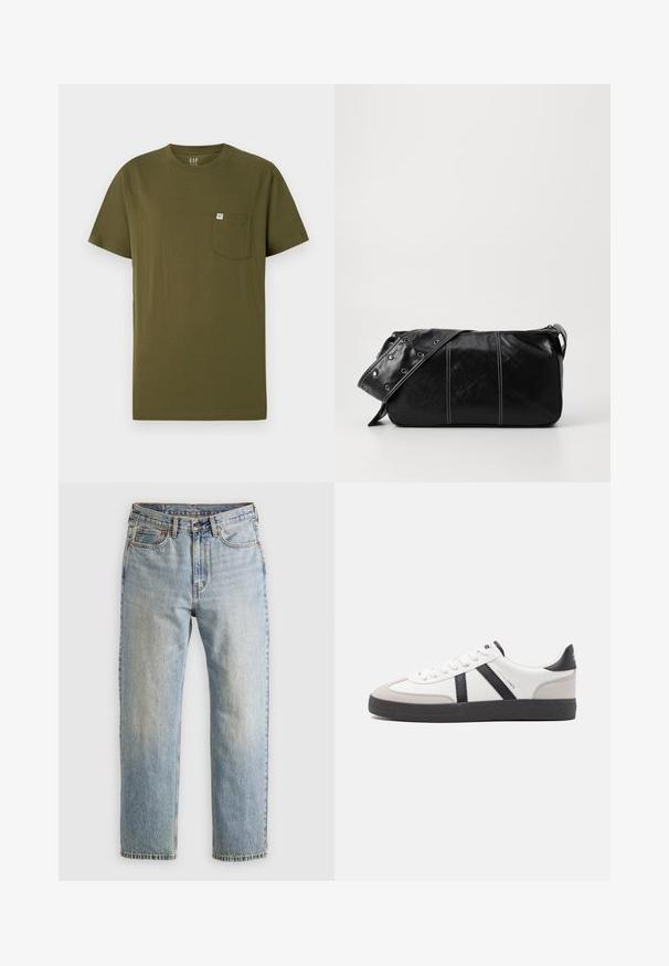 Olívazöld pamut póló kerek nyakkal, rövid ujjakkal és bal oldalon mellzsebbel, amelyen egy kis márkacímke található. Simább textúrával.; Világoskék farmernadrág magas derékkal, elülső gombbal, cipzárral és öt zsebbel, sima háttérre fektetve.; Fehér sneaker fekete és szürke részletekkel, textúrált szürke orr résszel, fekete gumitalppal és lapos fehér fűzőkkel. Tiszta dizájn, minimalista stílus.; Fekete bőr válltáska, cipzárral zárva, texturált felülettel, fehér varrással és ezüst fémgyűrűs pánttal.