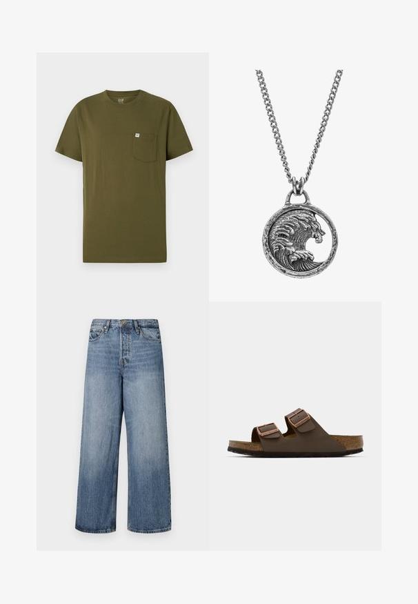 Olive rohelise puuvillane T-särk, ümmarguse kaelusega, lühikeste varrukatega ja vasakul rinnataskul, millel on väike brändi silt. Sile tekstuur.; Laia siniste denimpükse, millel on pleekinud pesu, viie tasku disain ja nööbi sulgemine. Varustatud vööde jaoks silmadega ja õmblustega detailidega.; Pruunid kahe rihmaga sandaalid vasktooniliste pandlitega, korkjalad ja kummist väljalaske pind. Sujuv disain reguleeritavate rihmadega sobivuse tagamiseks.; Hõbedast kaelakee, millel on ümmargune ripats laine ja lõvi kujundusega, detailse tekstuuriga ning kett, millel vahelduvad siledad ja tekstuuriga lingid.