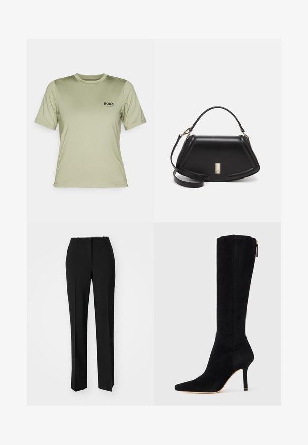 Short-sleeve, light olive green t-shirt made of smooth fabric. Features a black "BORG" logo on the front and a crew neckline.; Black tailored trousers with a straight-leg design, featuring a smooth texture and crisp creases along the front. No visible hardware.; Black suede knee-high boot with a pointed toe, slim stiletto heel, and a zipper closure on the side. Smooth texture with minimal design details.; Black leather handbag with a structured design, featuring a cropped shape, top handle, and gold hardware accent. Adjustable shoulder strap included.