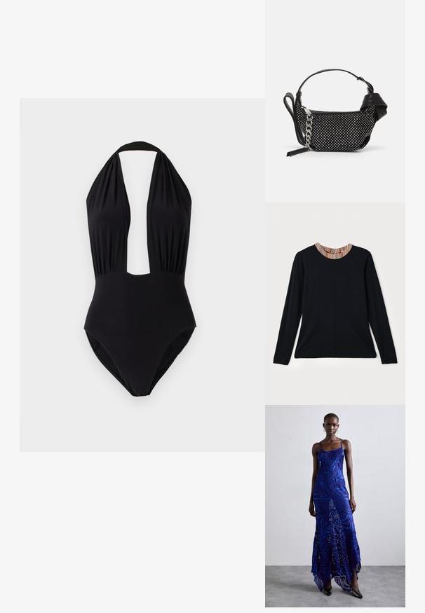 Schwarzes Langarmshirt mit rundem Ausschnitt, ausgestattet mit einem mehrfarbigen gestreiften Akzent am Kragen. Glattes Material mit lässiger Passform.; Schwarzer Einteiler-Badeanzug mit Halterneck-Design, tiefem Ausschnitt, gerafftem Stoff an der Brust und glatter Textur.; Maxikleid im blauen und lila Tiermuster mit dünnen Trägern, einem taillierten Oberteil, ausgestelltem Saum und transparenten Überlagerungen.; Schwarze Handtasche mit Nietenverzierungen, einer Kettenriemen und einem glatten Ledergriff, in runder Form und mit einem Reißverschlussfach.