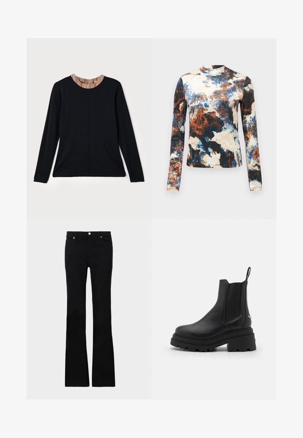 Mustutmeline pikkade varrukatega topp ümmarguse kaelusega, millel on mitmevärviline triibuline aktsent krael. Sile kangas ja lõdva istuvusega.; Pikkade varrukatega topp sinise, pruuni ja kreemja abstraktse mustriga. Pehme kangas, sobiv disain ja kõrge kaelus.; Mustad teksased, millel on flared lõige, kaks esi-taskut, nööbiga kinnitamine ja sile tekstuur. Tootemärgistus on nähtav õmblustes.; Mustad mustad tumed nahast Chelseas kingad, millel on elastsed külgpaneelid, paks ja sooniline kummitald ning tagaküljel tõmberaam.