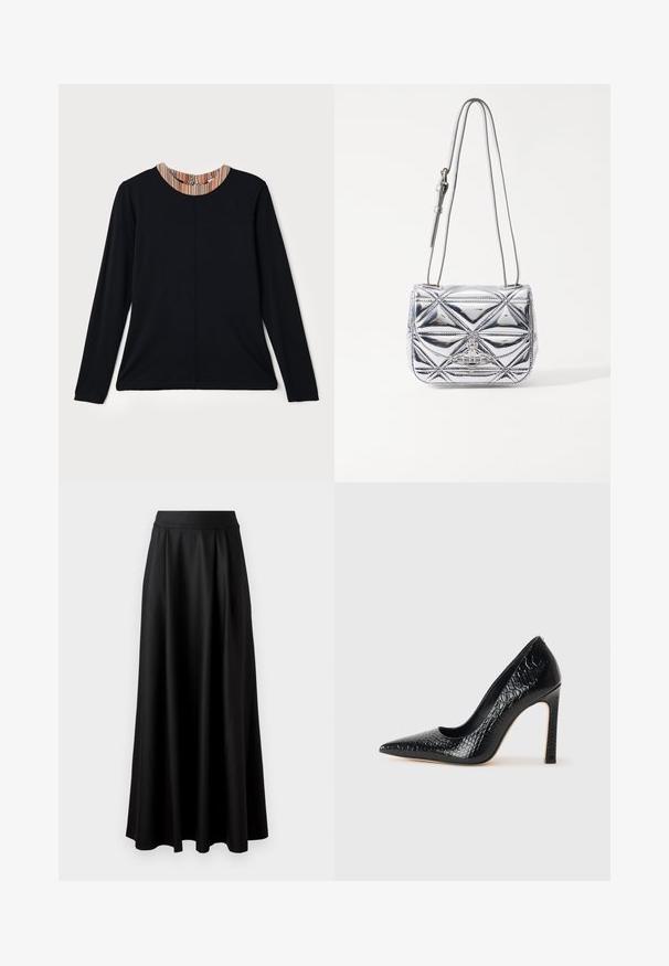 Top lungo nero a maniche lunghe con scollatura rotonda, caratterizzato da un accento multicolore a righe sul colletto. Tessuto liscio con una vestibilità comoda.; Gonna nera lunga fino al pavimento con una texture liscia, vita alta ampia e design plissè, priva di motivi visibili o decorazioni.; Scarpa nera con punta a punta alta in pelle di coccodrillo, caratterizzata da un design elegante, alto tacco a spillo e interno nero liscio.; Borsa a tracolla in argento metallico con design geometrico trapuntato, pattina piatta e tracolla regolabile con dettagli in metallo argentato.
