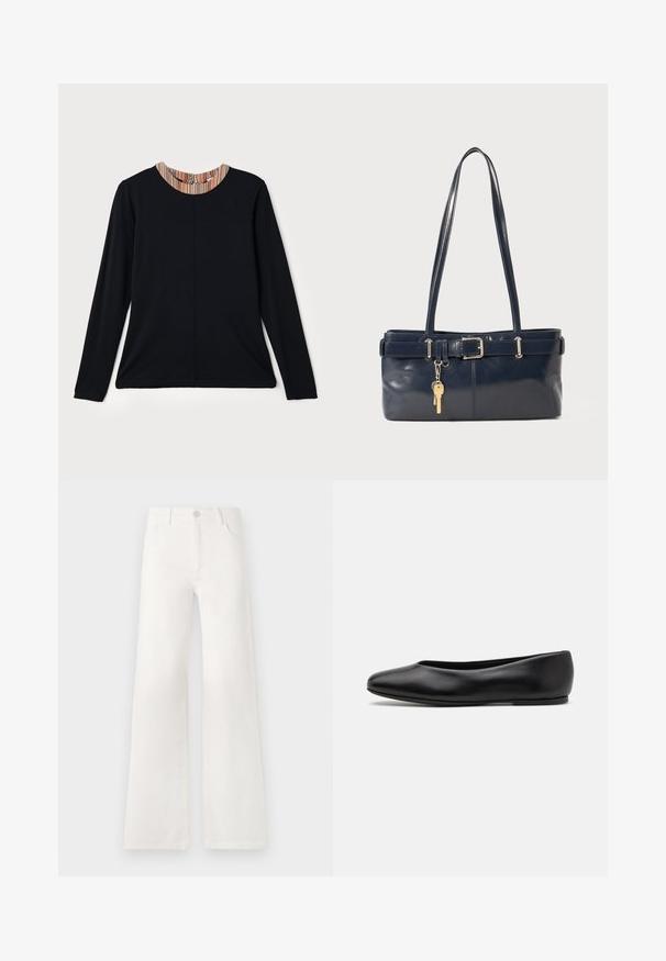 Top lungo nero a maniche lunghe con scollatura rotonda, caratterizzato da un accento multicolore a righe sul colletto. Tessuto liscio con una vestibilità comoda.; Jeans bianchi a vita alta e gamba larga realizzati in denim. Presentano una chiusura con bottone, due tasche anteriori e cuciture decorative nei lati.; Paul Smith TOPANGA - Ballerine - black; Borsa a mano in pelle blu con due manici lunghi, un dettaglio con fibbia e un portachiavi attaccato. Presenta una texture liscia e una forma rettangolare.