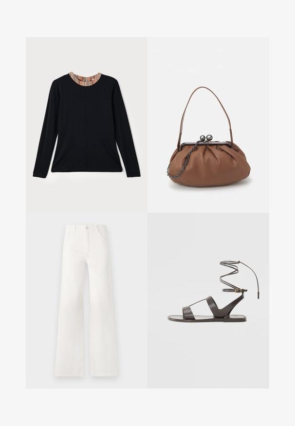 Top preto de mangas longas com decote redondo, apresentando um detalhe de riscas multicoloridas na gola. Tecido suave com um corte descontraído.; Jeans brancos, de cintura alta e pernas largas, feitos de denim. Apresentam um fecho de botão, dois bolsos frontais e costuras detalhadas nas laterais.; Sandal de pele castanha com sola plana, apresentando um design minimalista, tira curvada no tornozelo e múltiplos recortes para respirabilidade.; Bolsa de mão em couro castanho com um design franzido, uma alça curta em couro e uma alça de corrente. Apresenta um fecho de metal prateado com dois detalhes redondos.