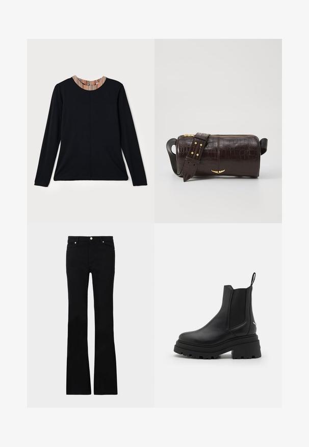 Top negro de manga larga con escote redondo que presenta un detalle de rayas multicolores en el cuello. Tejido suave con un ajuste relajado.; Pantalones vaqueros de talle ancho en negro, confeccionados en denim, con dos bolsillos frontales, cierre de botón y una textura suave. Costuras distintivas visibles en las costuras.; Botas Chelsea negras de cuero liso con paneles laterales elásticos, suela de goma gruesa y estriada, y una lengüeta en la parte trasera.; Bolso de cuero marrón con estampado de cocodrilo, de forma cilíndrica, con herrajes en tono dorado y una correa desmontable con tachuelas.