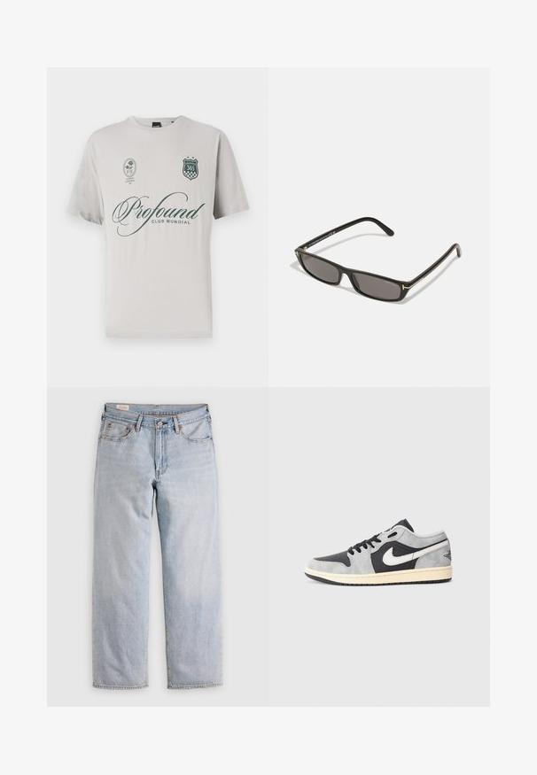 T-shirt en coton gris clair à manches courtes, arborant le texte "Profound" en vert foncé, un logo en forme de bouclier et des patches décoratifs.; Jeans droits bleu clair à taille haute, avec fermeture à boutons et poches avant et arrière, présentés sur une surface plate.; Nike Air Jordan 1 Low en cuir suédé gris et noir avec des accents blancs. Présente une semelle rembourrée et le logo emblématique de Nike.; Lunettes de soleil noires rectangulaires avec des verres sombres. Monture en plastique avec une finition mate. Accents dorés sur les branches et logo de marque.