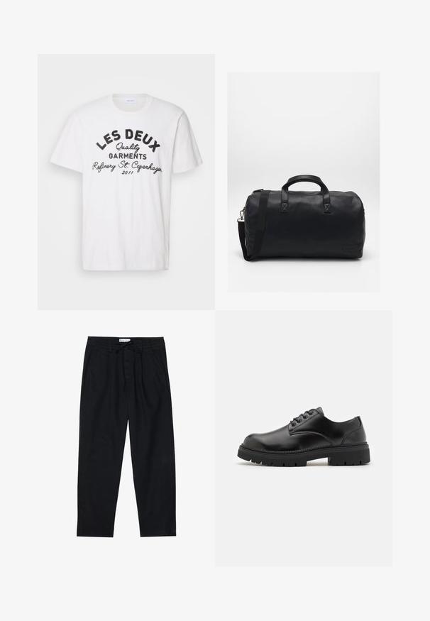 Les Deux BARRY - Print T-shirt - light ivory; Pier One Chinos - black; Black leather shoes with a rounded toe, lace-up design, and a thick, textured rubber sole. Features stitching along the edge and a smooth finish.; Black duffel bag made of textured synthetic material. Features two handles and an adjustable shoulder strap. Simple design with no visible patterns.