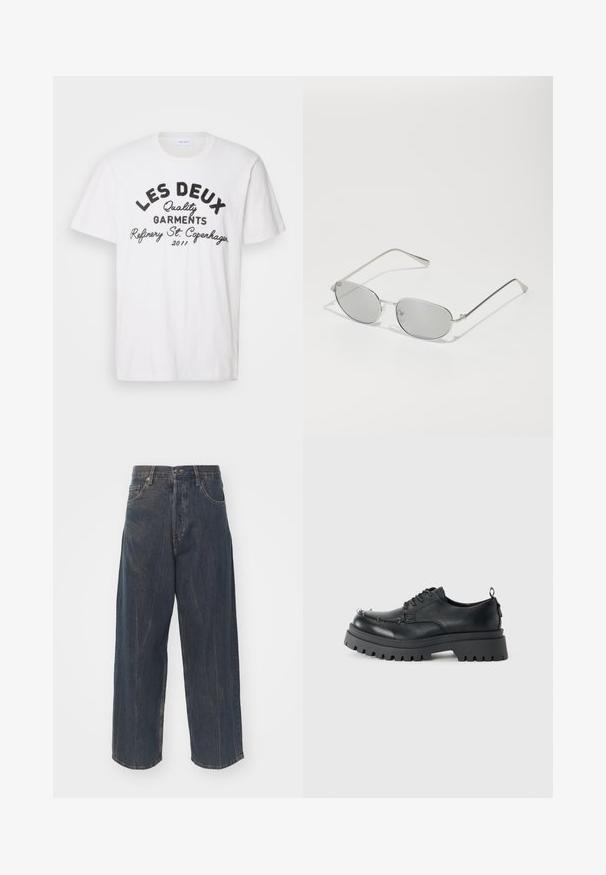 Les Deux BARRY - T-shirt med print - light ivory; Breda ben mörkblå denimjeans med subtilt slitna detaljer, fem fickor och en klassisk knapp- och dragkedjestängning i midjan.; Svart kraftig läder snörskor med tjock slitstark sula och metallöglor på tåområdet, fotograferad mot en enkel ljus bakgrund.; Sölja metallsolglasögon med ovala grå linser, tunna bågar och minimalistisk design. Linserna har en subtil reflekterande kvalitet.