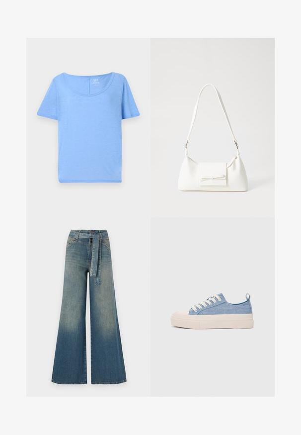 Vaaleansininen lyhythihainen t-paita, joka on valmistettu pehmeästä kankaasta. Paita on pyöreäkauluksinen ja rennosti istuva, ja siinä on vain minimaalista ommelta.; Yksiväriset farkut leveällä lahkeella, joissa on vaaleasta tummansiniseen häipyvä väri, korkea vyötärö, vyölenkit ja yhteensopiva kangasvyö. Rakennefarkkujen pinta.; Vaaleansiniset kangaskengät, joissa on kerma värinen kuminen varvaskuppi ja pohja, valkoiset nauhat ja vetotappi kantapäässä.; Valkoinen synteettinen käsilaukku, jossa on kolmikulmainen muoto, tasainen etu läppä ja nauhadetail, säädettävä olkahihna, sileä rakenne ja minimalinen muotoilu.