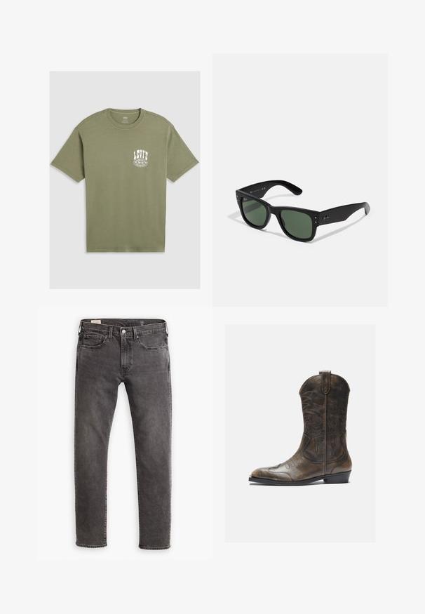 Olivově zelené bavlněné tričko s kulatým výstřihem, krátkými rukávy a bílým logem Levi's potisknutým na levé části hrudi. Hladká textura, volný střih.; Šedé džíny z denimu se rovnými nohavicemi, designem s pěti kapsami a knoflíkovým zapínáním. Obsahují jemné vyblednutí a tonální prošívání po celém povrchu.; Hnědé kožené kovbojské boty s vysokým sálem, špičatou špičkou, složitými vyšívanými vzory a malým podpatkem. Texturovaný povrch po celé délce.; Černé obdélníkové sluneční brýle se zelenými skly, matným povrchem, nenápadnými kovovými akcenty a Embosovaným logem na stranicích.