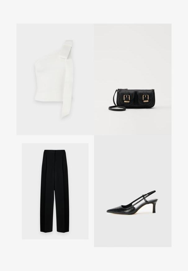Top asimétrico blanco hecho de tela texturizada. Presenta un tirante en un solo hombro con un detalle de lazo, resaltando el diseño moderno.; Pantalones de pierna ancha negros con cintura alta, que presentan pliegues y una textura suave. El tejido parece ligero y se drapea de forma elegante.; Tacón slingback negro de charol con punta afilada, que presenta un estampado de serpiente texturizado, correa ajustable y un tacón bloque corto y texturizado.; Bolso cruzado de cuero negro con dos bolsillos frontales, hebillas doradas, cierre de cremallera y una correa delgada. Superficie texturizada y forma rectangular compacta.