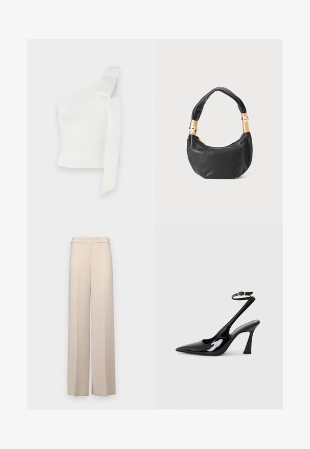 Asymmetrical white top made of textured fabric. Features a single shoulder strap with a bow detail, emphasizing modern design.; Beige wide-leg pants in a smooth fabric, featuring a high waist and subtle front pleats. No pockets or visible hardware details.; Black patent leather slingback high heels with a pointed toe, adjustable ankle strap, and a moderate block heel. Smooth texture with glossy finish.; Black leather handbag with a round shape, soft texture, and a knotted handle featuring gold-tone hardware accents. Zipper closure.
