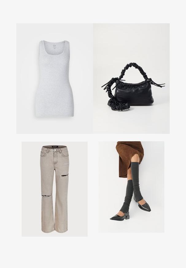 Pilkas maikutė su apvaliu iškirpimu ir be rankovių dizainu. Pagaminta iš minkštos medžiagos, su glotnia tekstūra ir prigludusia forma.; Šviesiai pilki džinsai, laisvo kirpimo, su nusidėvėjimo akcentais, skylėmis keliuose ir išblukusia tekstūra. Komplekte yra penki kišenės ir diržo kilpos.; Juodi lakuoti odiniai batai su aštriu kuma ir bloko kulnu, derinami su pilkais riebiais kojų šildytuvais ir rudais zomšiniais sijonais.; Juodas dirbtinės odos rankinė su krokodilo tekstūra, sušnibždinta viršuje ir susikraipytu dirželiu. Atrodo minkšta ir kompaktiška.