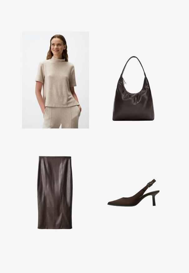 Beżowa bluzka z krótkim rękawem i wysokim dekoltem, wykonana z miękkiego, teksturowanego materiału. Posiada boczne rozcięcia oraz luźny krój.; Brąskowy skórzany ołówkowy spódniczka o gładkiej fakturze, sięgająca do kolan, z pionowymi szwami w celu podkreślenia designu. Brak dodatkowych elementów lub akcentów.; Brązowe zamszowe czółenka na pasek z odkrytą piętą, z wydłużonym noskiem, eleganckim fasonem, cienką szpilką oraz z akcentem klamry na pasku wokół kostki.; Brązowa skórzana torba na ramię o miękkim, luźnym kształcie. Torba ma szeroki pasek i minimalistyczny design, uzupełniony delikatną fakturą.