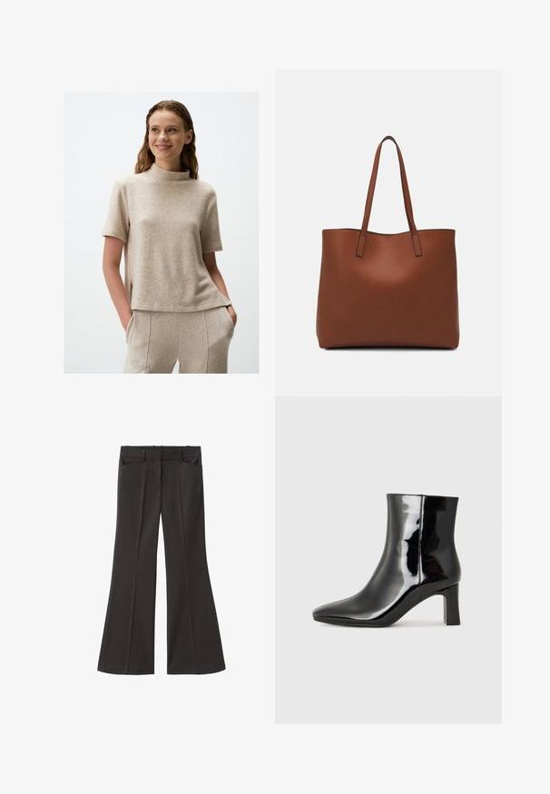 Beige T-shirt met korte mouwen en hoge halslijn, gemaakt van zachte, gestructureerde stof. Heeft zijsplitten en een ontspannen pasvorm.; Zwarte flared broek met een hoge taille; beschikt over twee voorkeurszakken en een gladde stoftextuur. Geschikt voor verschillende gelegenheden.; Zwarte gepolijste leren enkellaars met een spitse neus en een blokhak van gemiddelde hoogte. Glad textuur en minimalistisch ontwerp.; Bruine leren tote bag met een gladde textuur, een ontwerp met een open bovenkant en twee schouderbanden. Kenmerkt zich door minimale stiksels en geen zichtbare hardware.