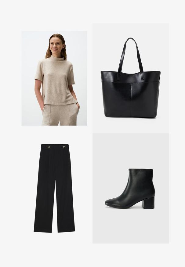Beige kurzärmliges Oberteil mit hohem Ausschnitt, aus weichem, strukturiertem Material. Mit seitlichen Schlitzen und einer lockeren Passform.; Schwarze weite Hosen mit hoher Taille, Knopfdetails am Bund und vorderen Falten.; Schwarze Leder-Ankle-Boots mit spitzem Zehenbereich und klobigem Absatz. Glatte Textur mit minimalen Akzenten und einem eleganten, taillierten Design.; Schwarze Leder-Shopper-Tasche mit zwei langen Griffen, einer glatten Textur und einer strukturierten Form. Verfügt über eine Vordertasche für zusätzlichen Stauraum.