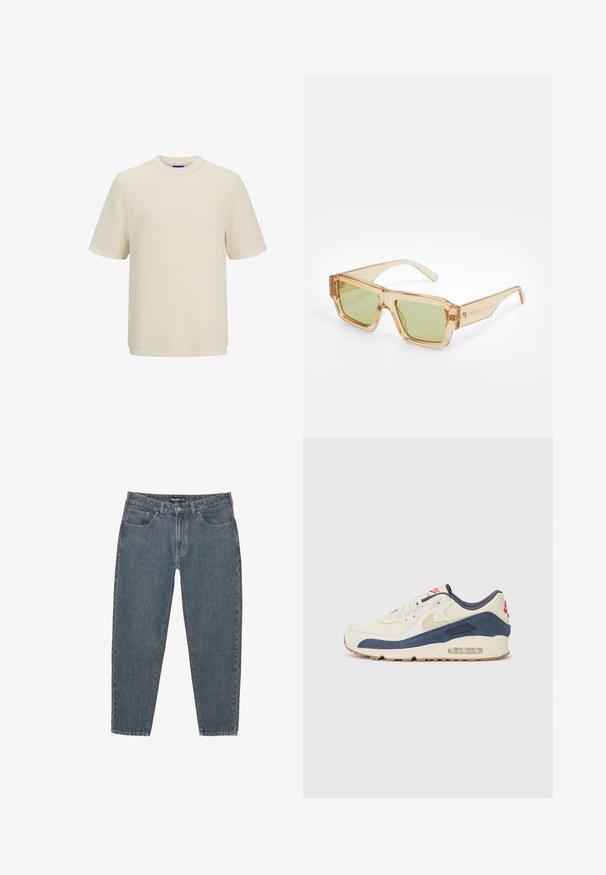 Crème-kleurig T-shirt met korte mouwen in een textuur gebreide patroon. Heeft een ronde halslijn en een rechte zoom.; Donkerblauwe spijkerbroek met een relaxte pasvorm, vijf zakken, knoopsluiting en een licht rafelrandje. Duurzaam materiaal met een subtiele textuur.; Sneakers met een crème leren en marineblauwe suède bovenkant, voorzien van een zichtbare luchtzool, beige rubberen buitenzool en een rode accent op de hiel.; Translucente beige zonnebril met vierkante monturen, groen getinte lenzen en doorzichtige armen. Opvallende textuur op de monturen; subtiele merkdetails op de armen.