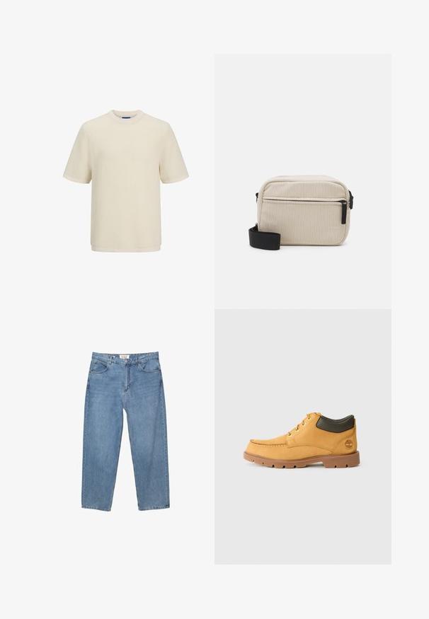 Cremfarbener kurzärmliger T-Shirt aus strukturiertem Strickmuster. Verfügt über einen runden Ausschnitt und einen geraden Saum.; Hellblaue Denim-Jeans mit geradem Schnitt, Fünf-Taschen-Design und einem sichtbaren Markenlabel am Bund.; Gelbes Leder-Schuhwerk mit brauner Gummisohle, runder Zehenpartie und grünem Lederdetail am Knöchel. Verfügt über goldene Ösen und Nähakzente.; Cremfarbener Corduroy-Crossbody-Beutel mit einem schwarzen Reißverschluss, abnehmbarem Tragegurt und strukturiertem Muster. Verfügt über ein Hauptfach und eine Fronttasche.